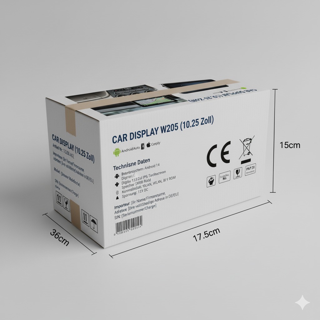 Rückseite der CarDisplayShop Produktkartonage mit technischen Daten